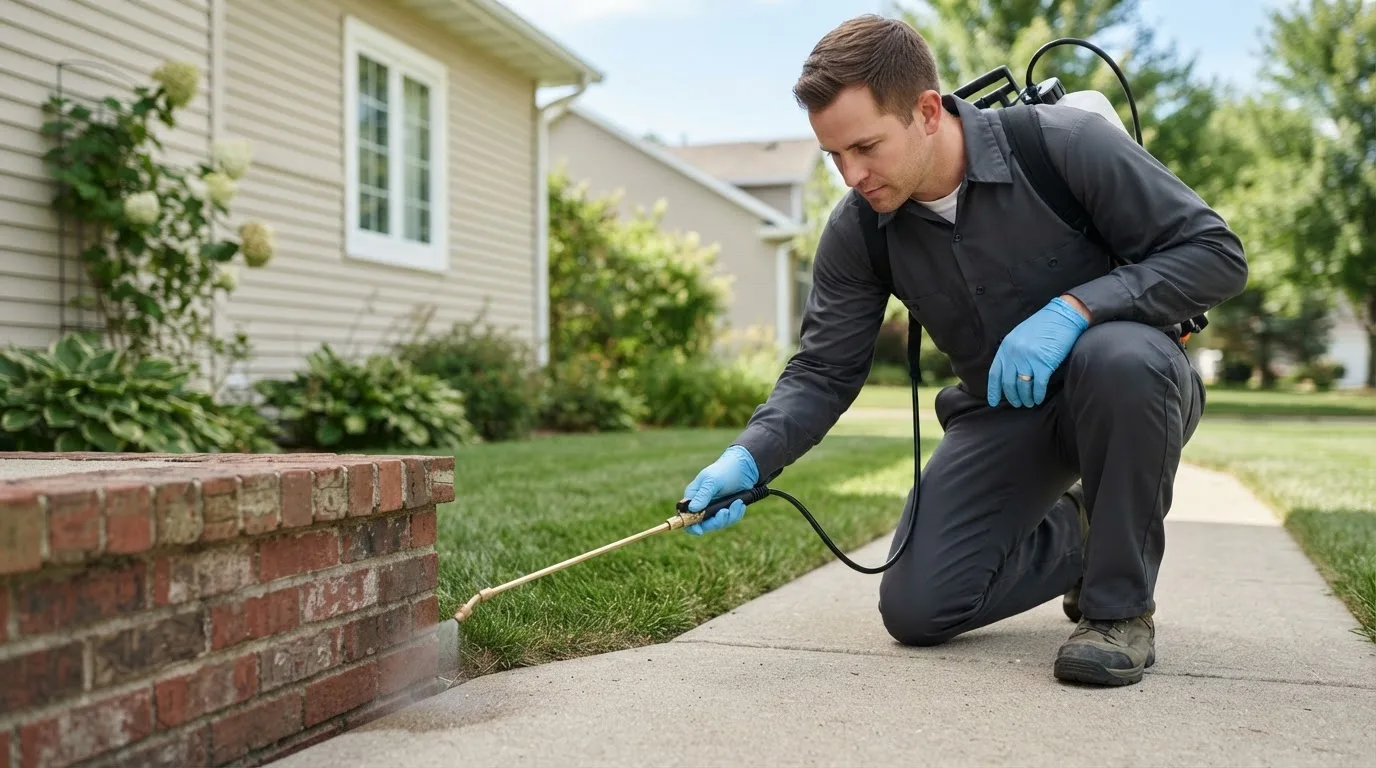 Pest control technician treating a home near Bliss, NY